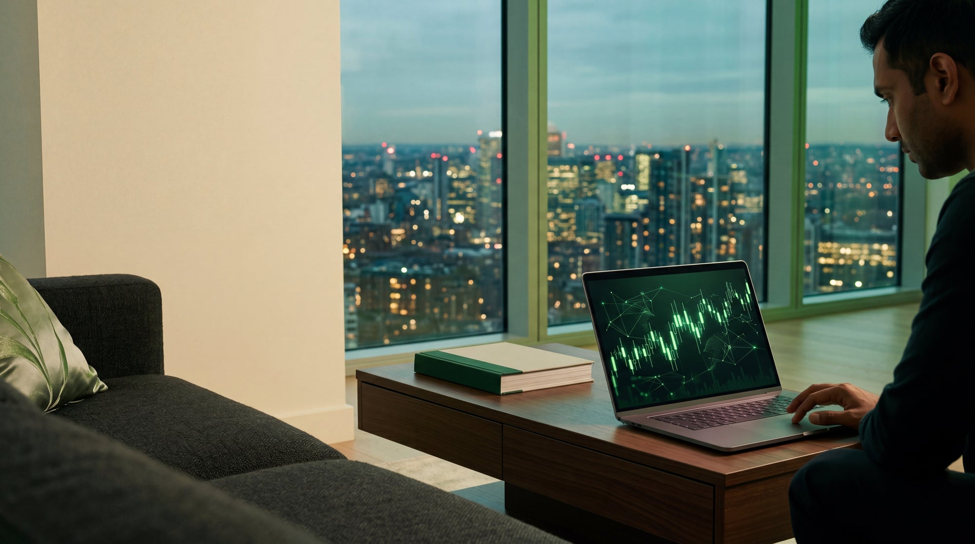 A diverse person uses a laptop displaying abstract trading charts in a modern high-rise apartment at dusk. The left side is b