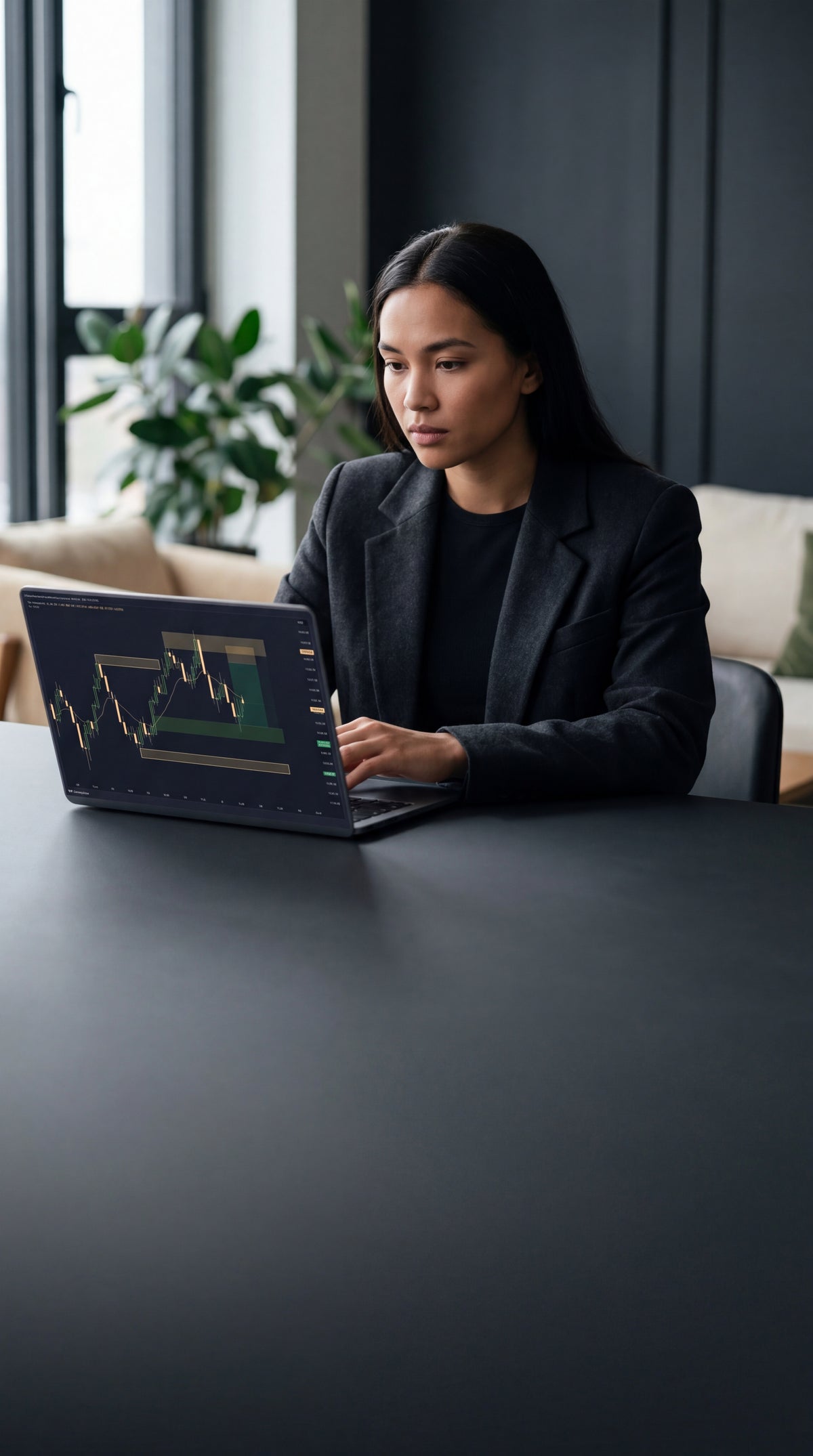 A focused trader monitors a glowing candlestick chart on a laptop, seated at a dark, minimalist desk in a modern setting.