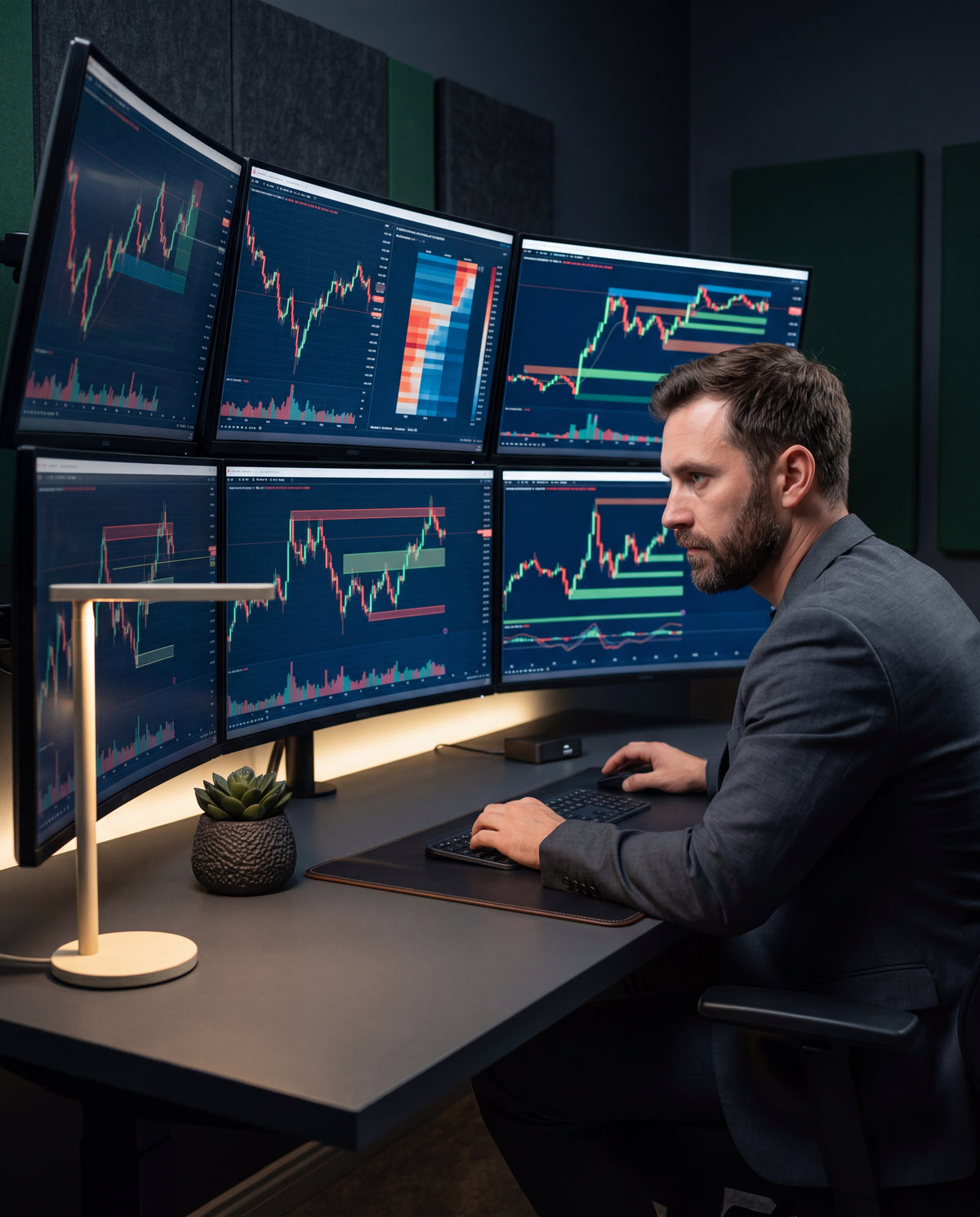 A person intently watching multiple screens displaying intricate financial charts, with subtle deep charcoal and forest green