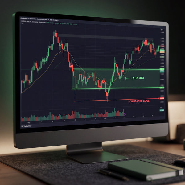 Close-up of a digital trading chart on a dark monitor, showing a "Fair Value Gap" pattern with neon green lines for entry and