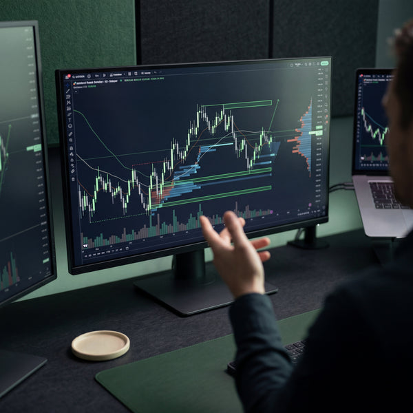 A high-angle view of a trading monitor displaying a complex candlestick chart with order flow indicators, a hand gesturing to