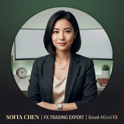Circular portrait of Sofia Chen, a young East Asian woman, smiling confidently. She is dressed in smart-casual attire, agains