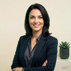 Portrait of Elena Rossi, a woman with dark hair, smiling confidently in business casual attire against a cream background.